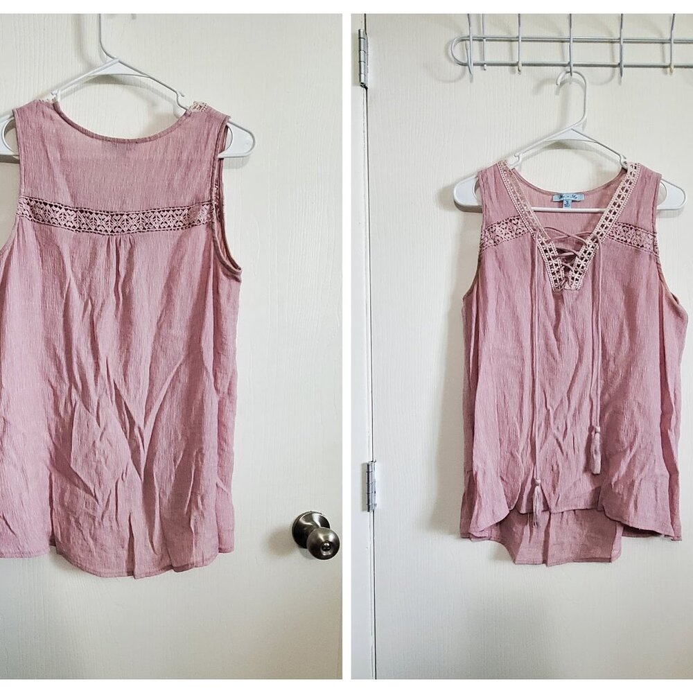 SHE + SKY pink lace-up crochet detail tank top